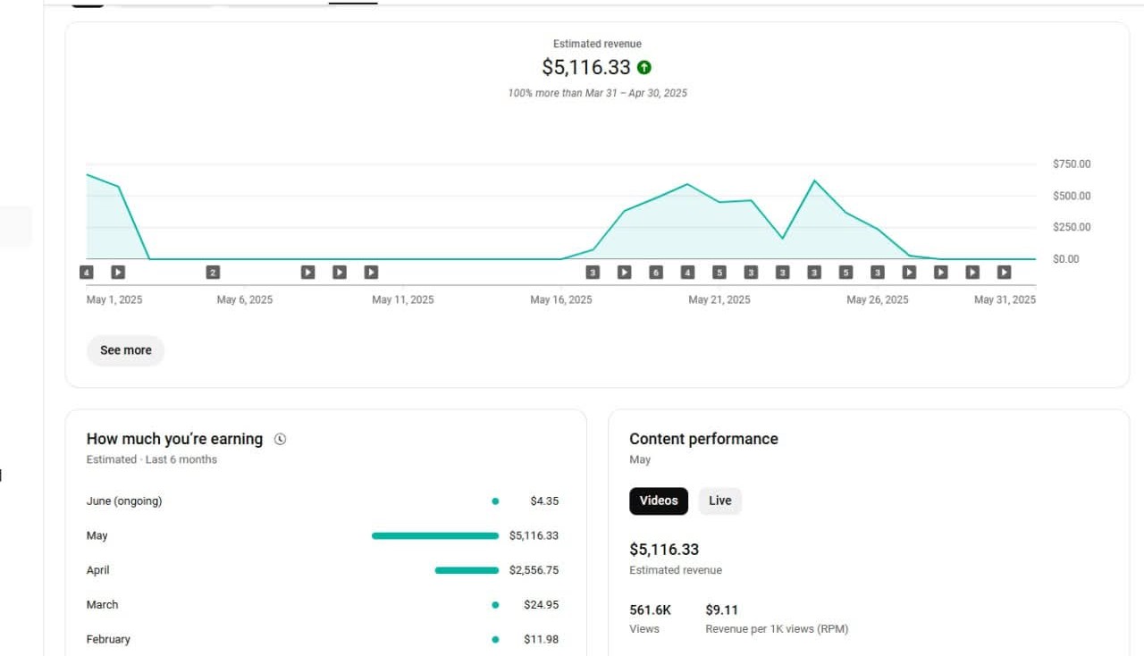 YouTube Analytics showing $5,116+ revenue
